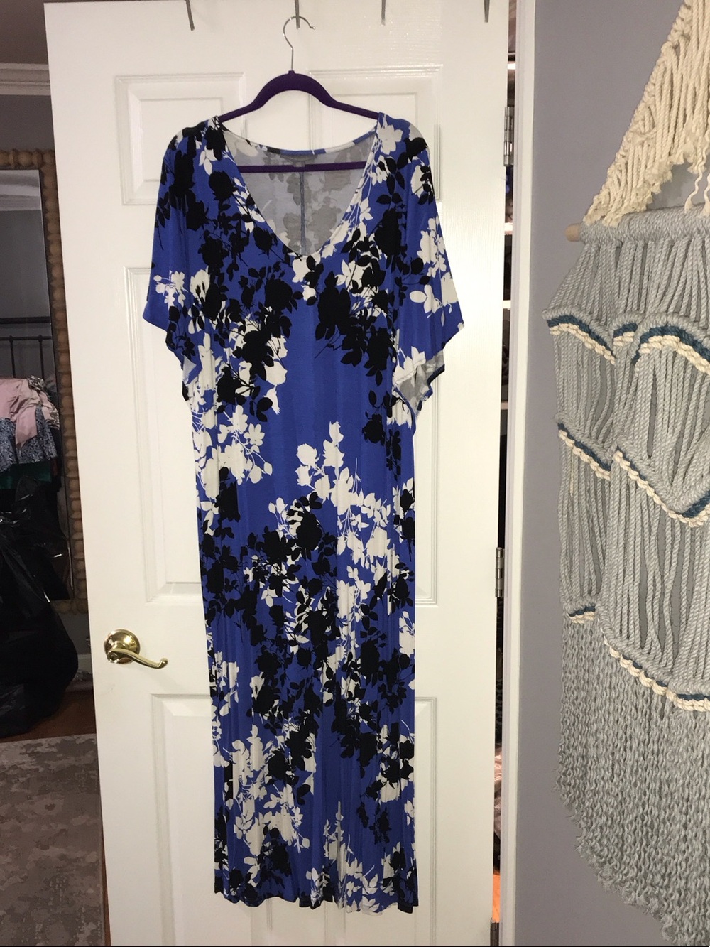 Jessica London Blue Floral V-Neck Maxi Dress with Black & White Print
